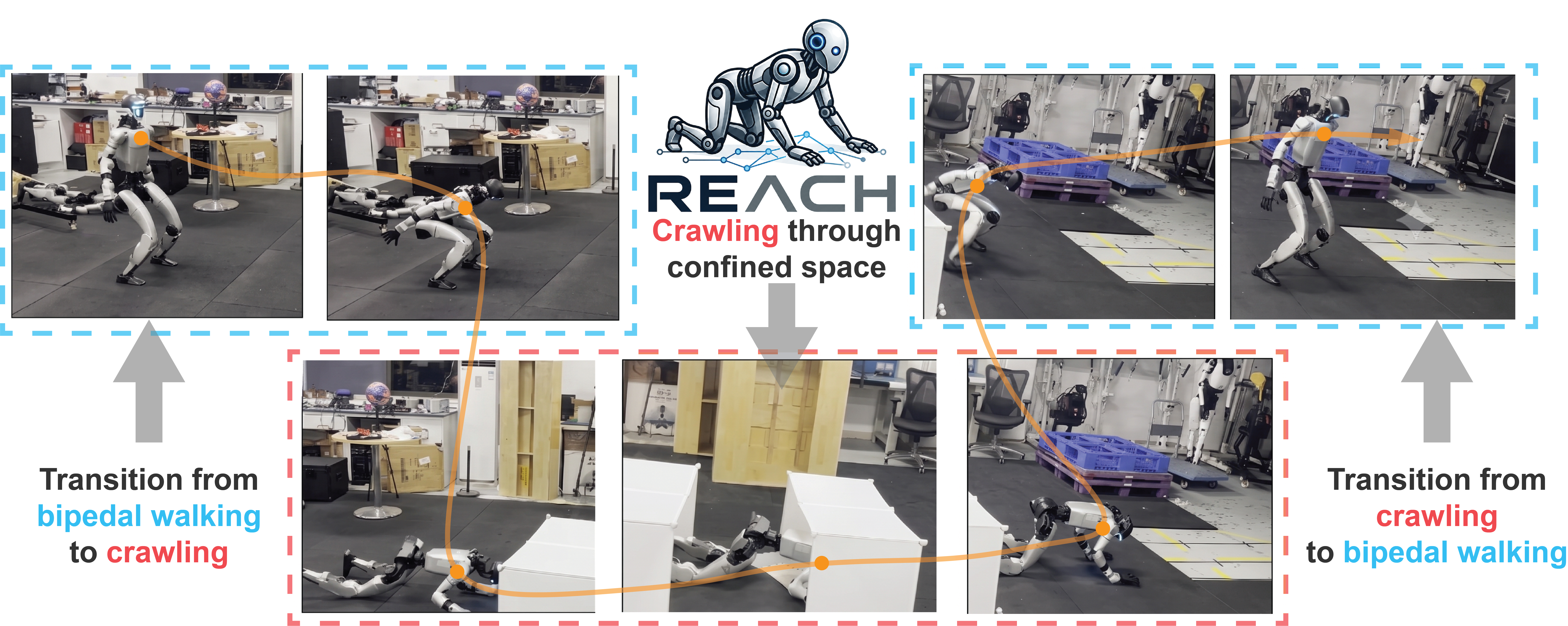 REACH teaser: Unitree G1 transitions between bipedal walking and quadrupedal crawling under low-clearance obstacles